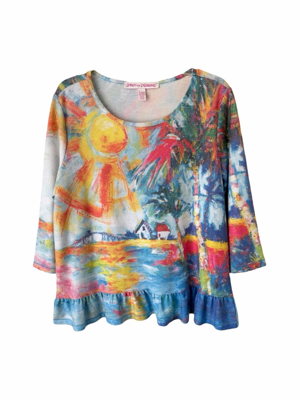 Leoma Lovegrove Wearable Art‎ Top Ruffle Hem Sun Palm Tree Tropical Coastal